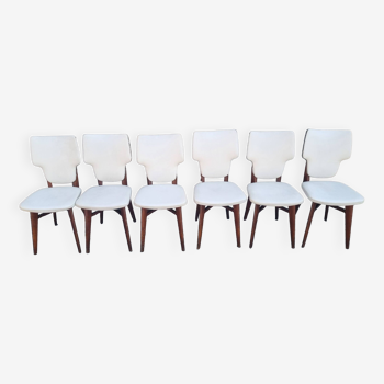 Set of 6 dining room chairs, wood and studded white skai, vintage, 1950s