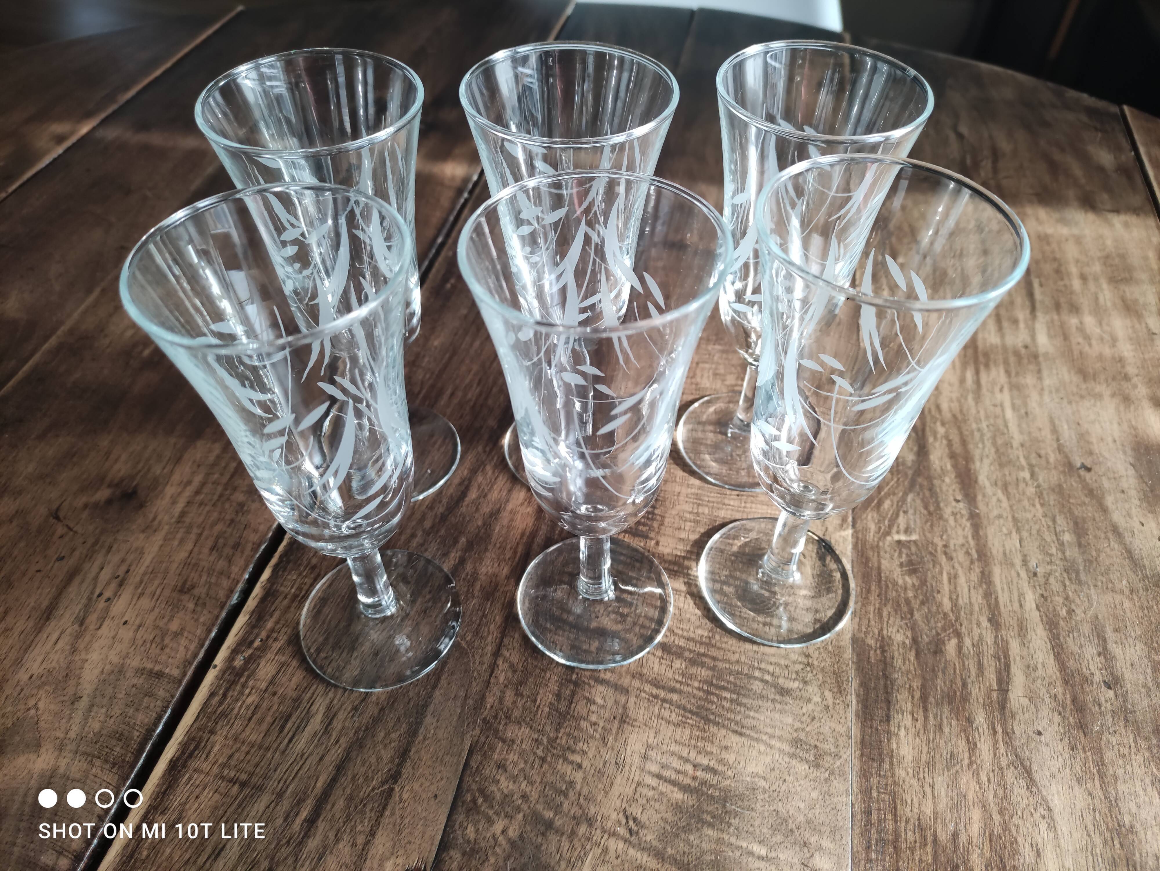 Lot de 6 flûtes à champagne vintage en verre gravé feuillage opaque