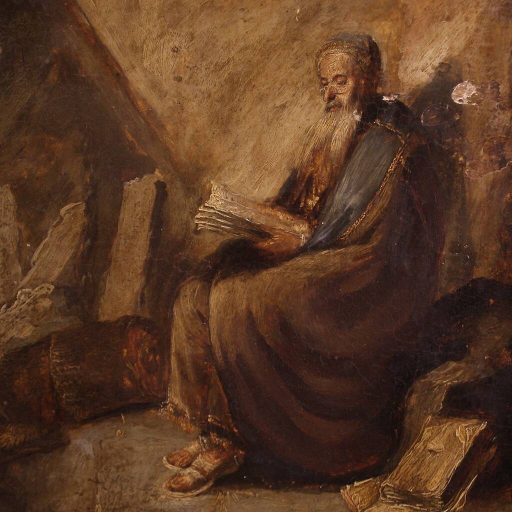 Antique painting on panel depicting Hermit from the 18th century
