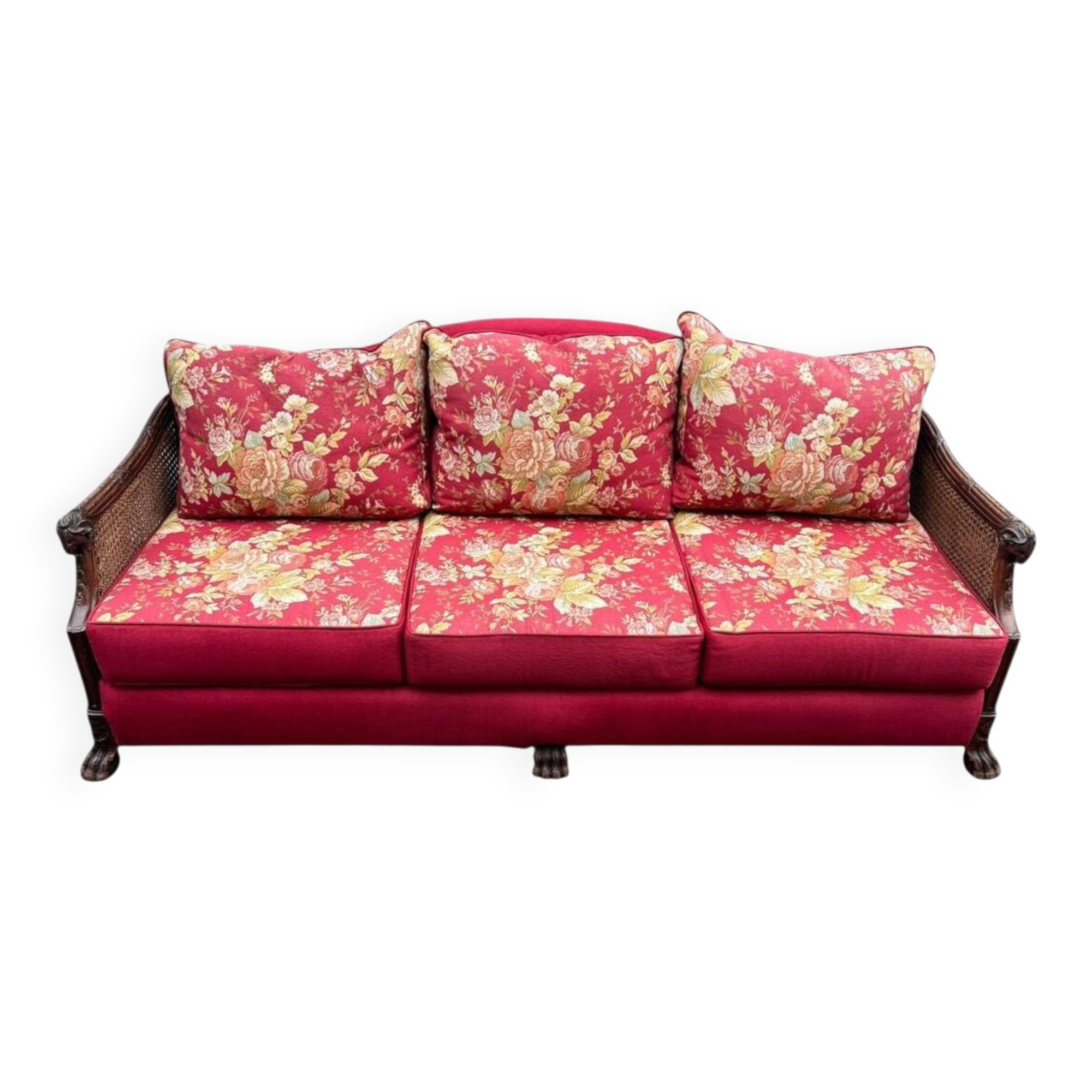 Empire-style bergère bench, carved wood and cane sofa, circa 1900