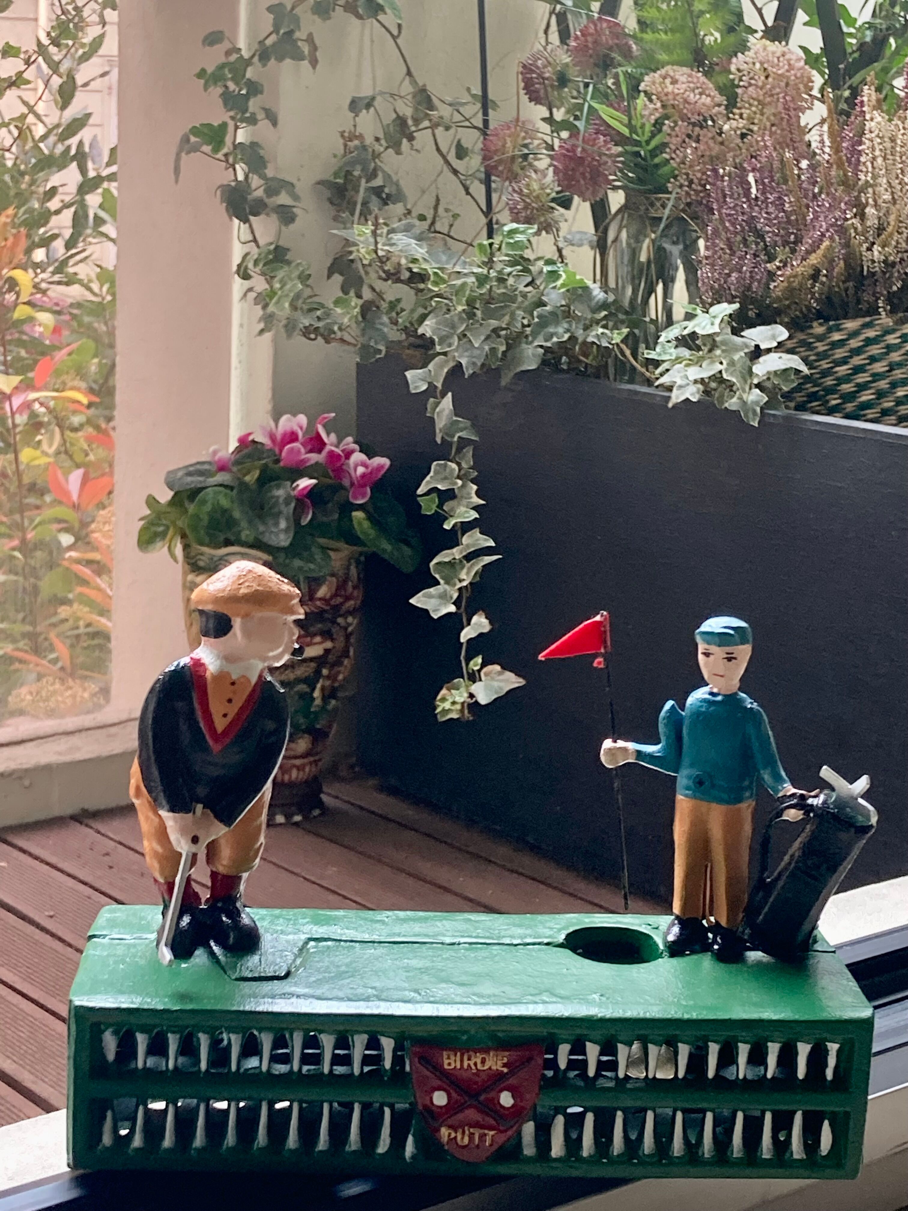 Mechanical piggy bank - golfers - vintage