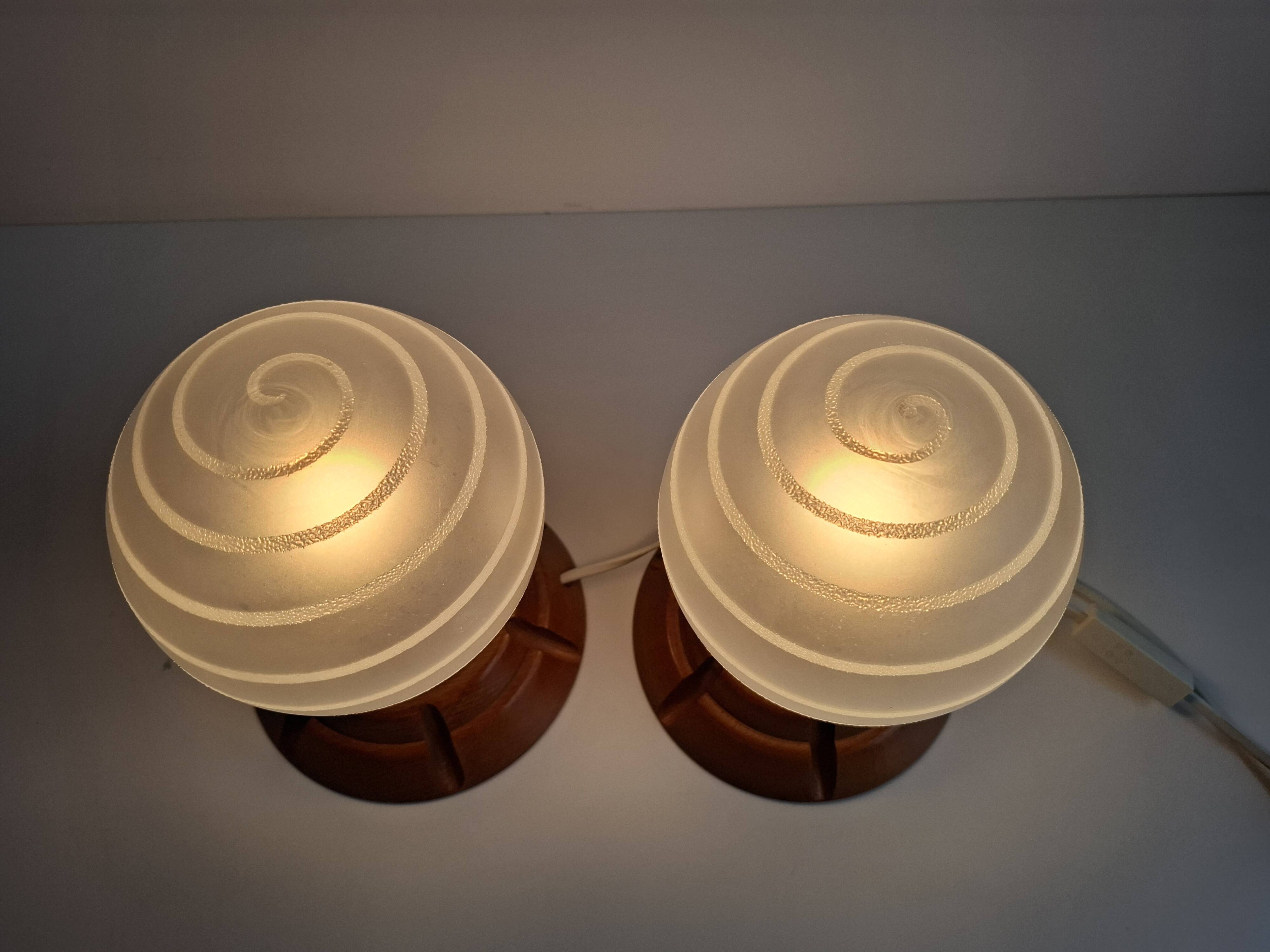 Pair of Mid-Century Czech Wood and Frosted Glass Table Lamps, 1990