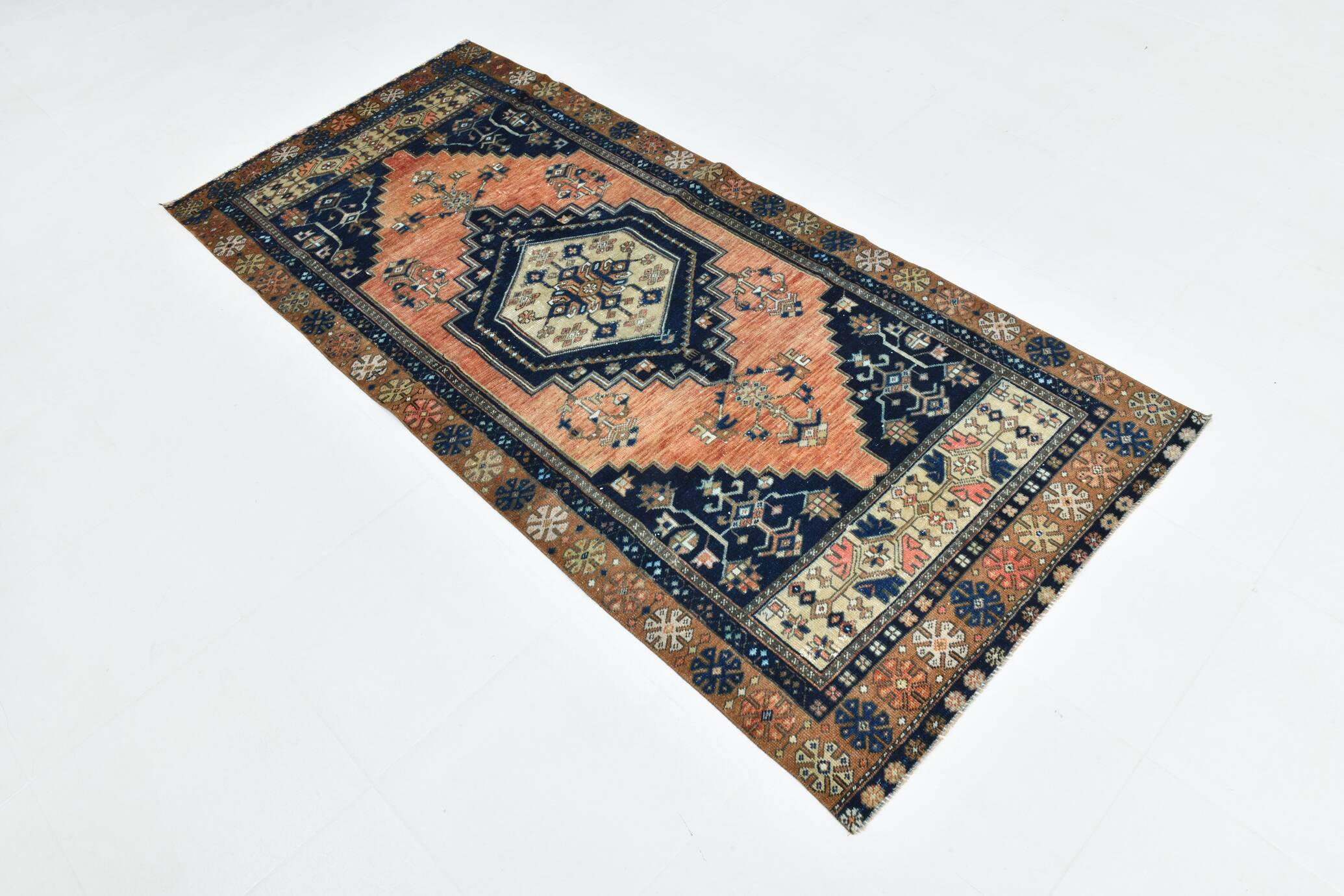 3x7 Red Navy Blue Geometric Persian Rug, 102x223Cm