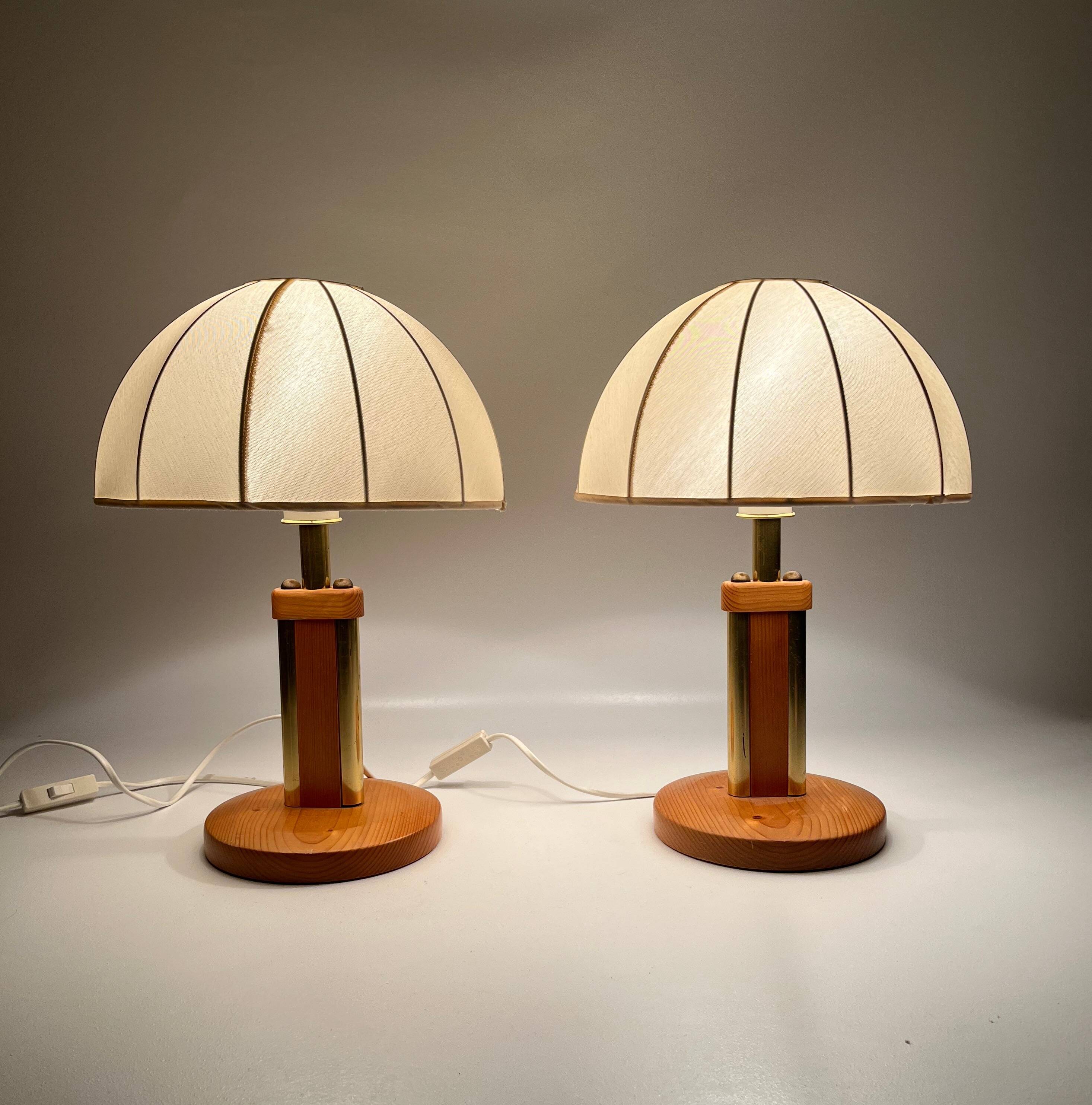 Pair Danish Modern Mid Century Pine Wood Cocoon Bedside Lamps