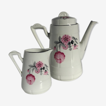 Teapot coffee maker and porcelain creamer Limoges art deco
