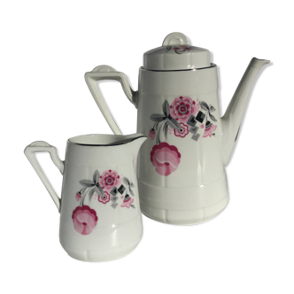 Teapot coffee maker and porcelain creamer Limoges art deco