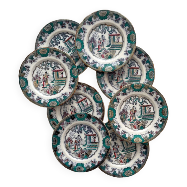 8 assiettes à dessert en terre de fer polychrome «&nbsp;Canton&nbsp;» Boch Freres Keramis