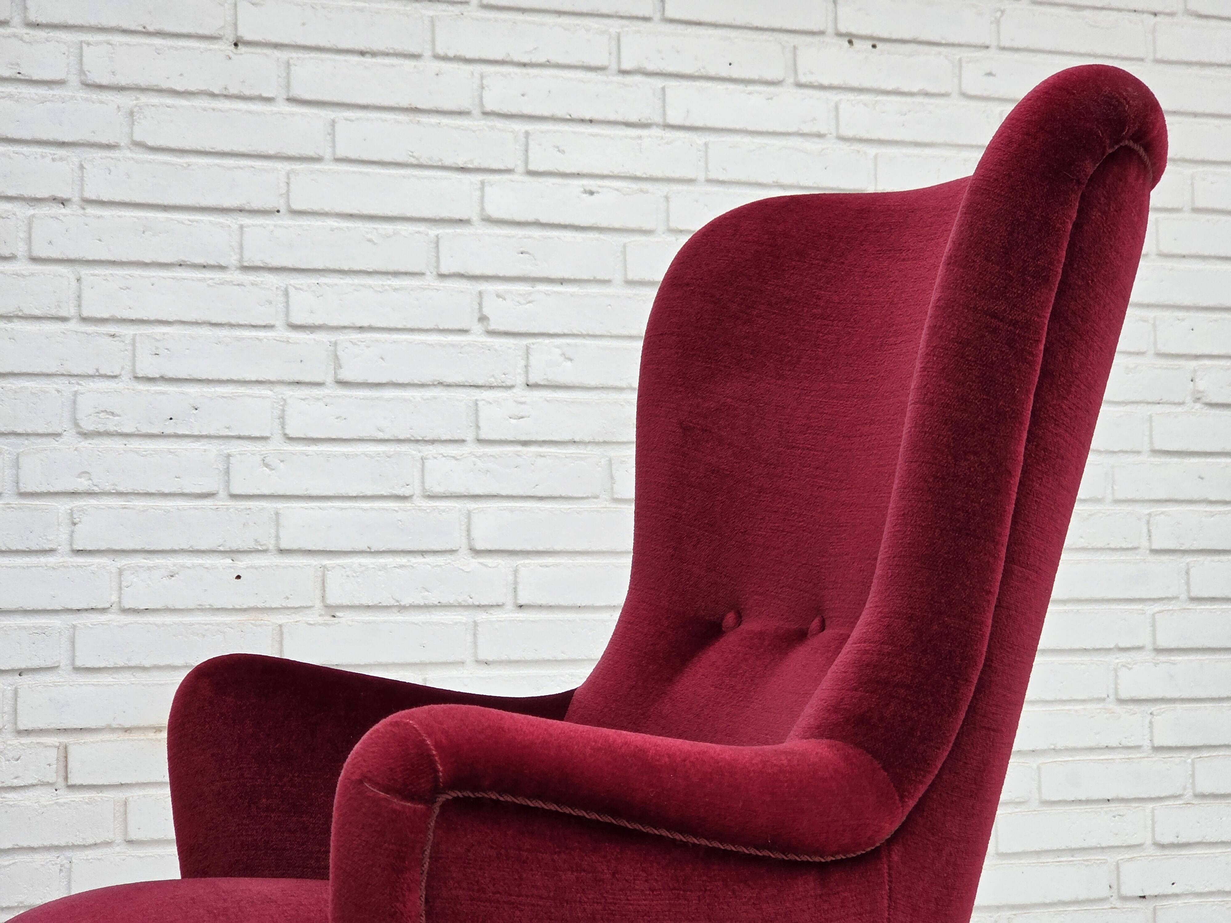 1970s, Danish highback armchair, red furniture velour, beech wood.