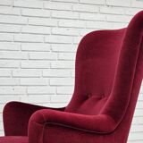 1970s, Danish highback armchair, red furniture velour, beech wood.