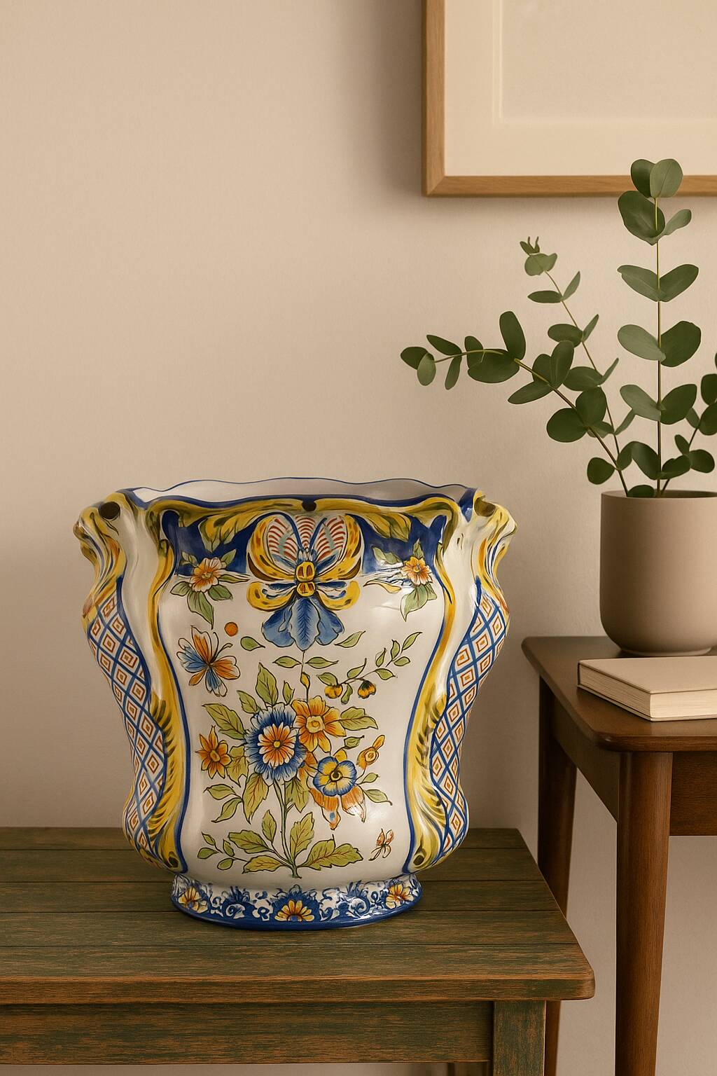 Polychrome French earthenware planter – Floral and butterfly decoration