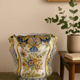 Polychrome French earthenware planter – Floral and butterfly decoration