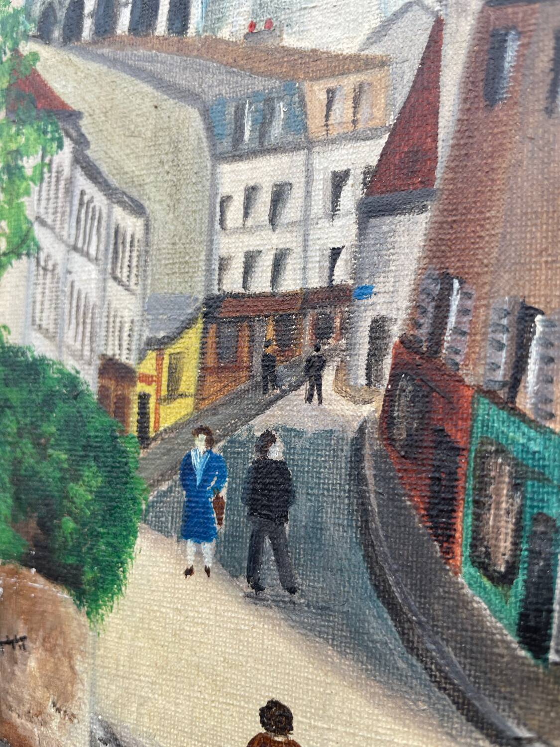 Old oil painting depicting a street in Montmartre