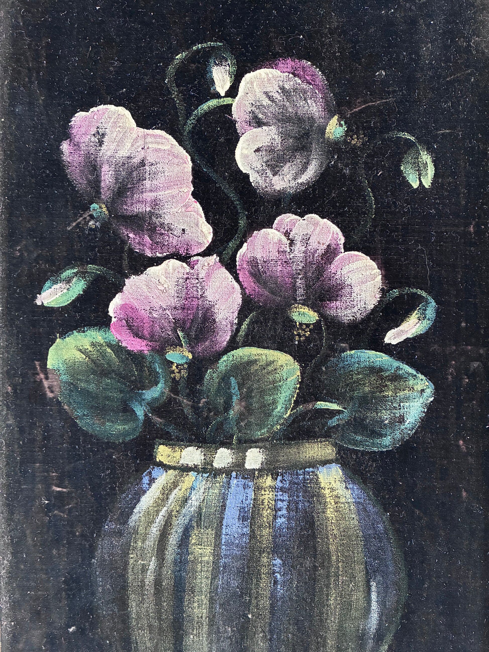 Vintage original velvet flower oil painting, pink flower still life art