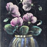 Vintage original velvet flower oil painting, pink flower still life art