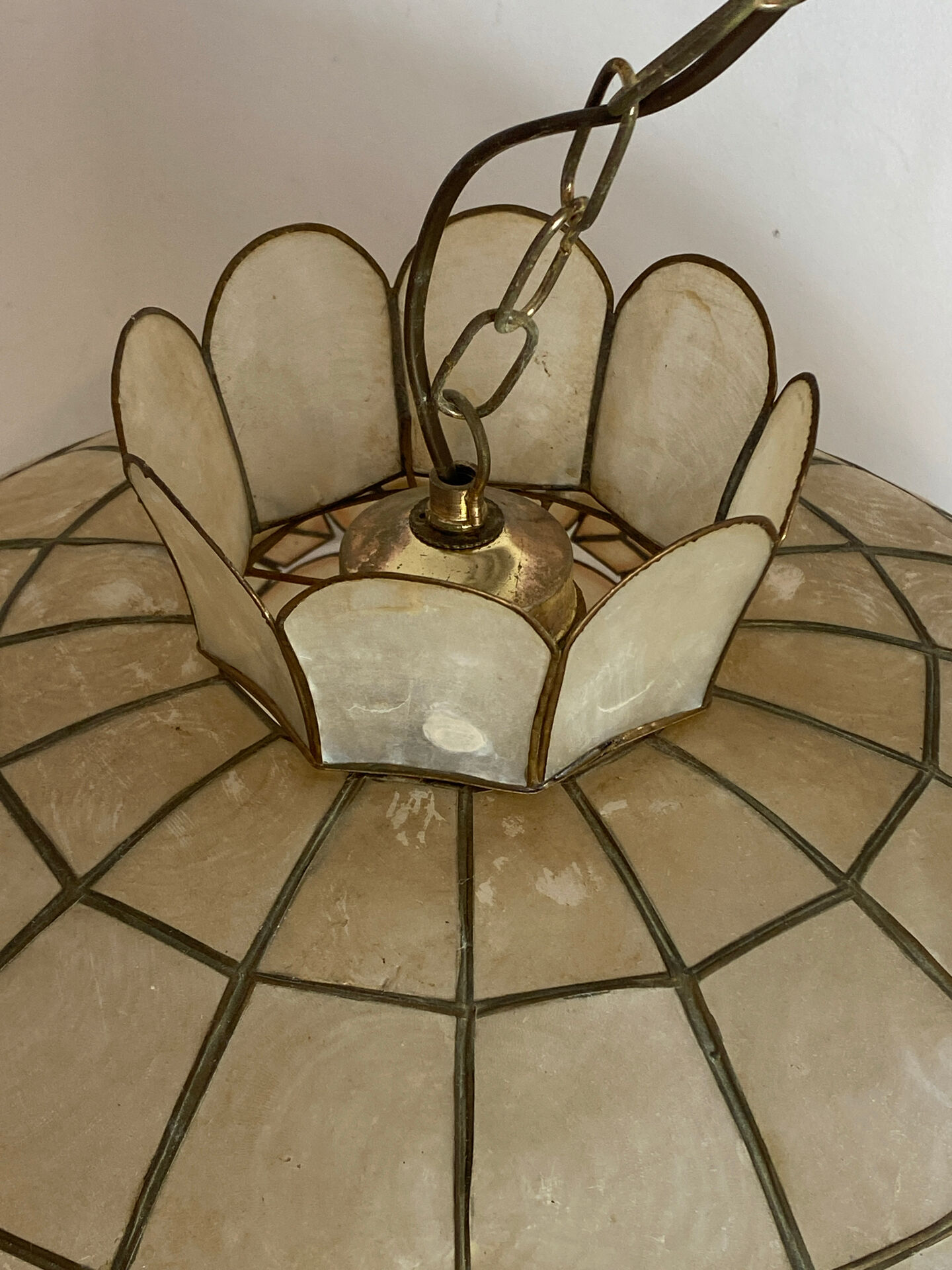 Large mother-of-pearl and brass chandelier with floral decoration.