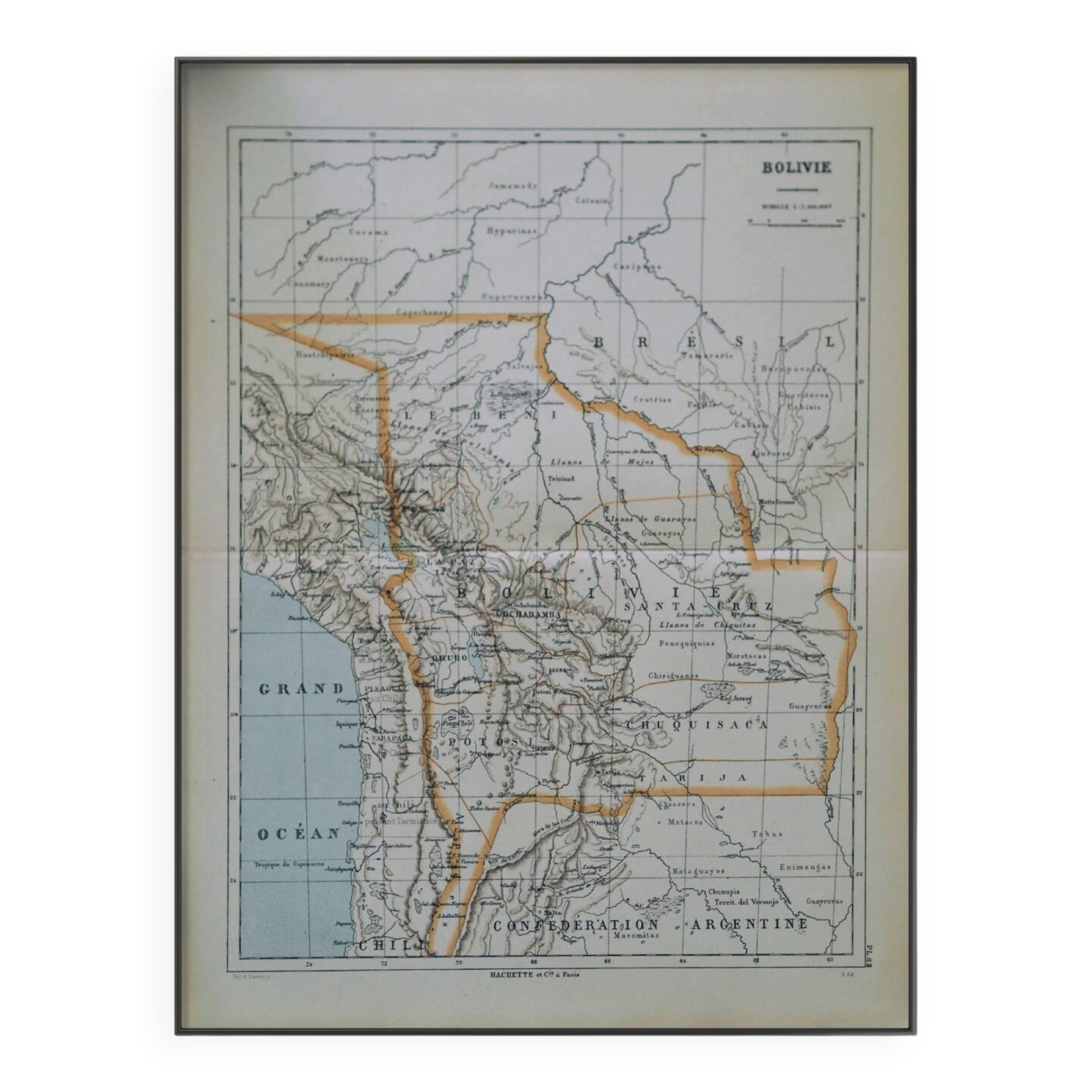 Bolivia, old map 1887 – vintage geographical map.