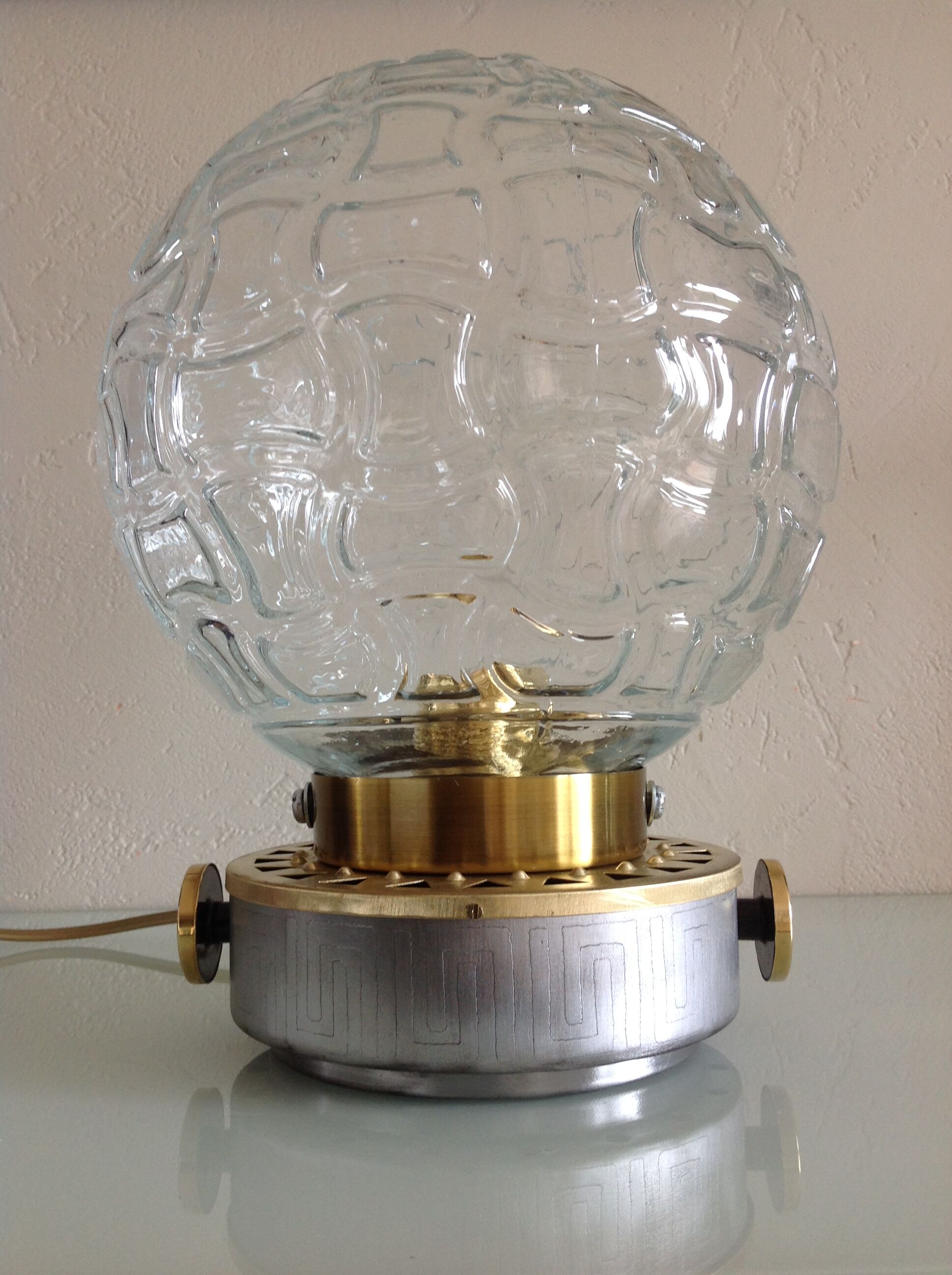Structured glass globe lamp and metal-brass/ vintage 60s and 70s base