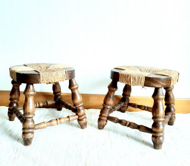Pair of wood and straw fireplace stools, 1950s