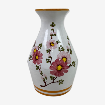 Vase céramique blanc et orange fleurs roses 20cm