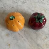 Set of ceramic salt and pepper shakers in the shape of a pumpkin tomato