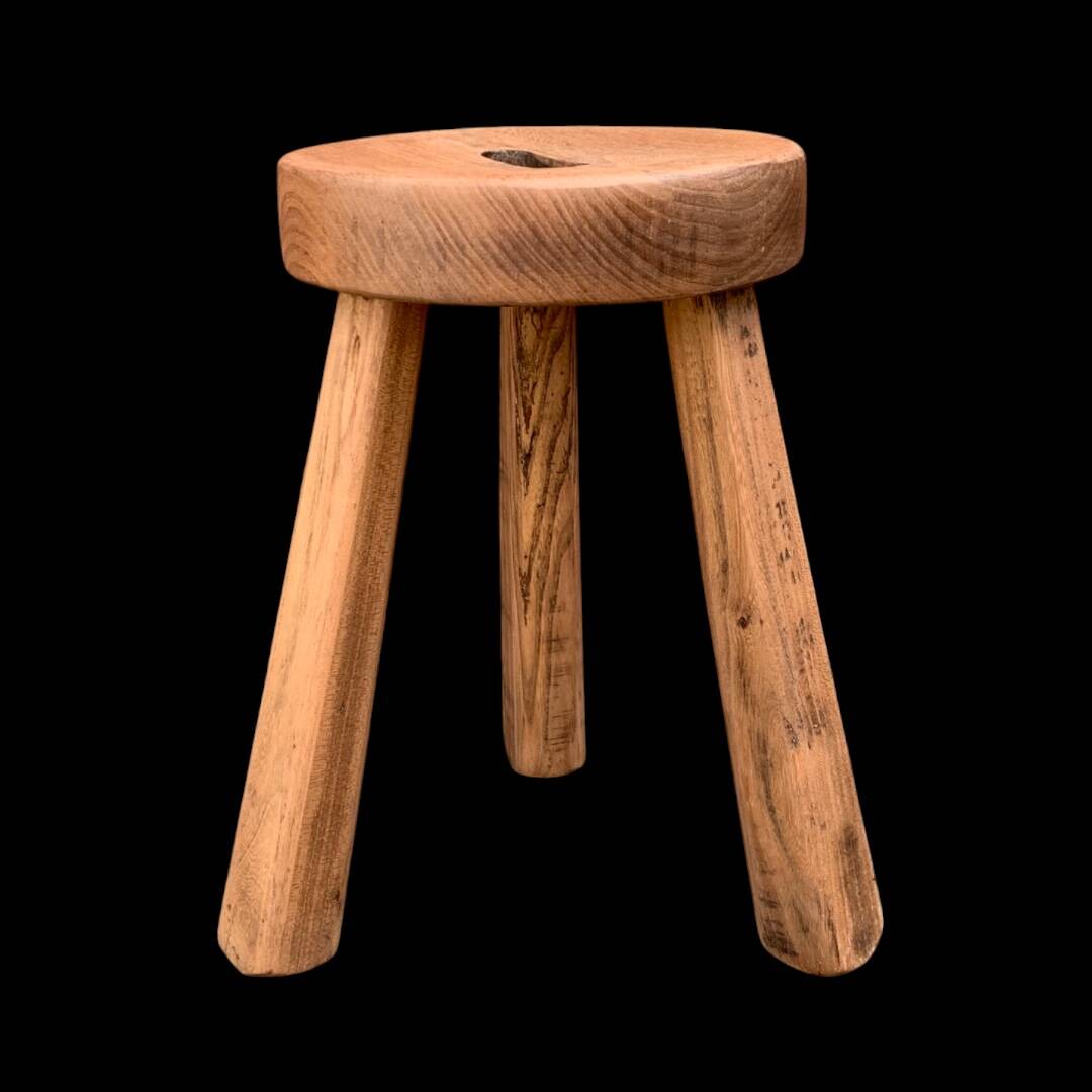 Antique brutalist tripod stool in solid wood