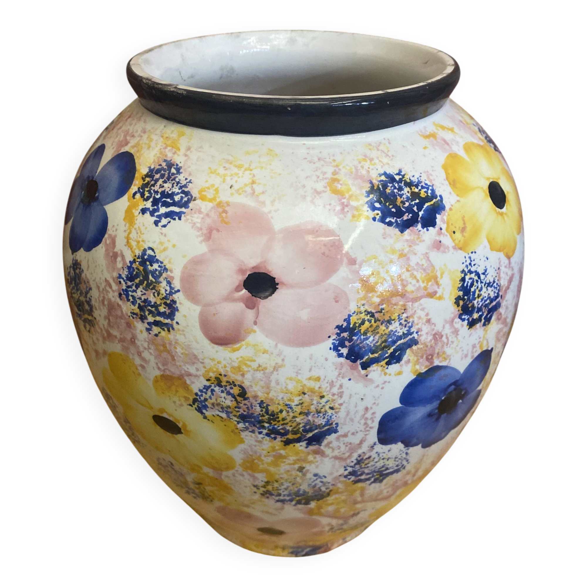 Vintage White Ceramic Round Vase with Polychrome Flower Decoration #D