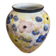 Vintage White Ceramic Round Vase with Polychrome Flower Decoration #D