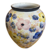 Vintage White Ceramic Round Vase with Polychrome Flower Decoration #D