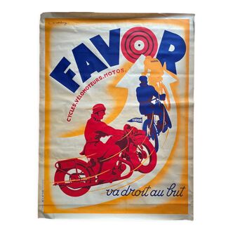 Affiche originale publicitaire "Favor Cycles Vélomoteurs Moto" 120x160cm 1930