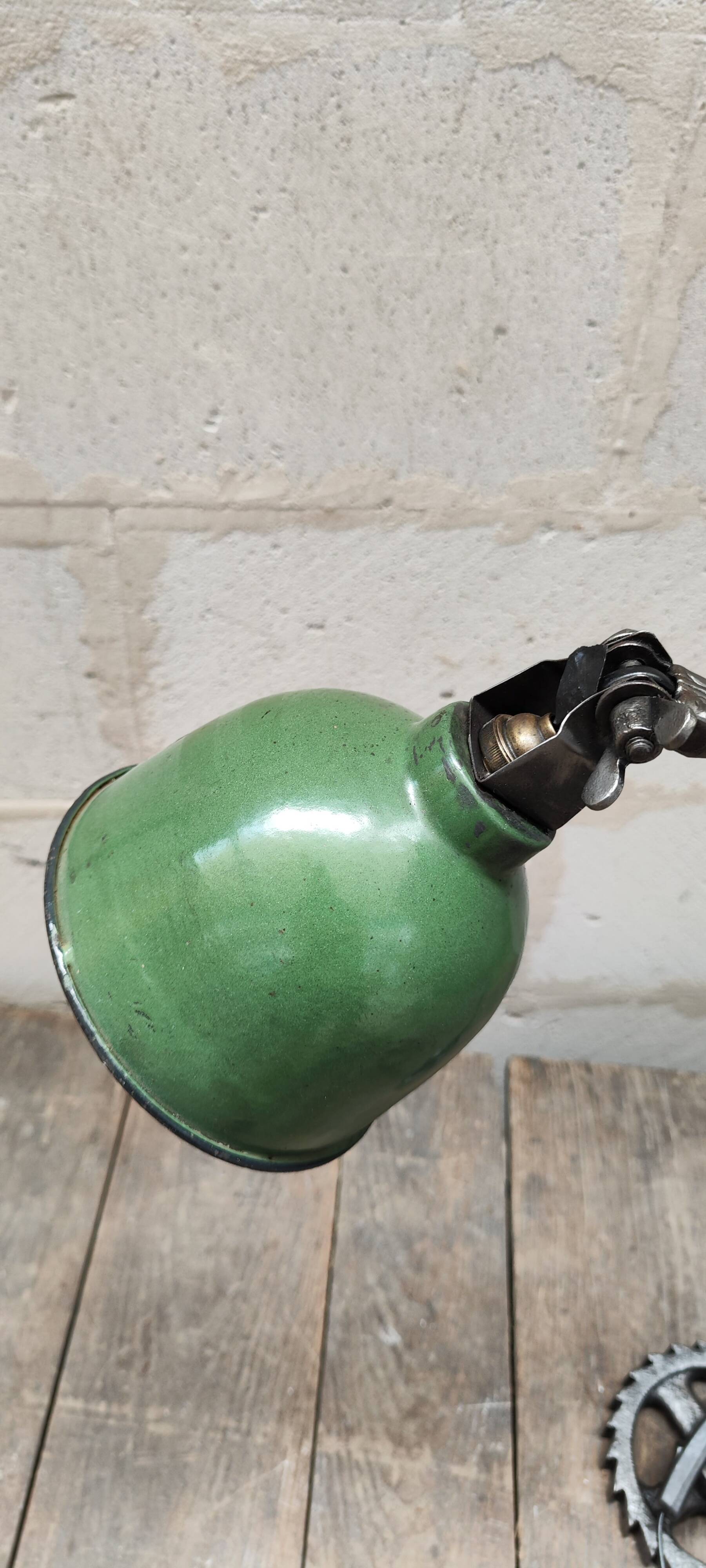 Old industrial workshop lamp two arms green enamel globe