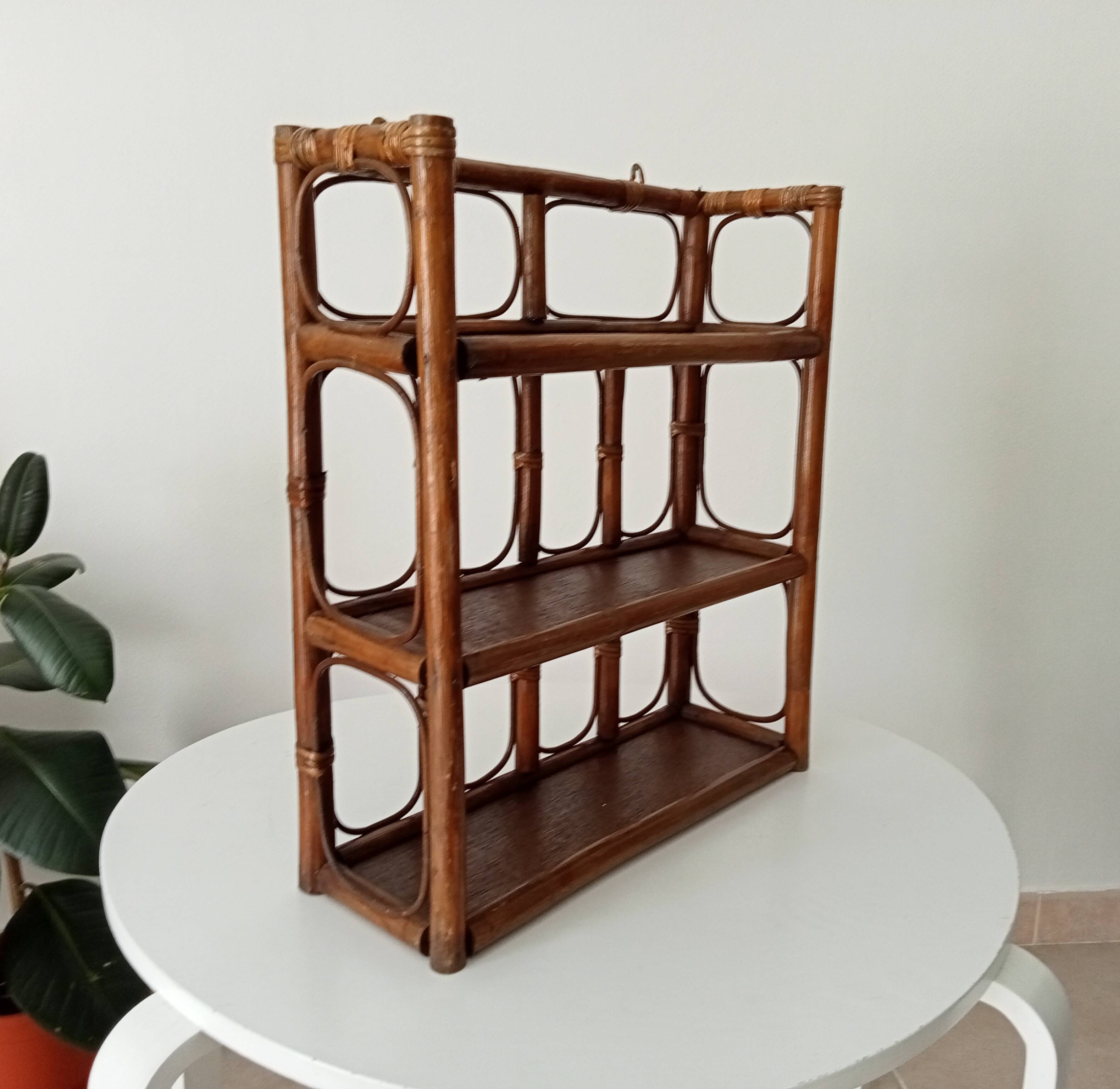 Vintage bamboo and rattan wall shelf