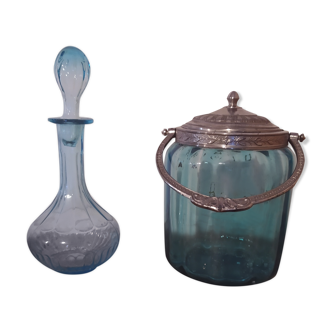Set including a bottle and a turquoise blue glass jar