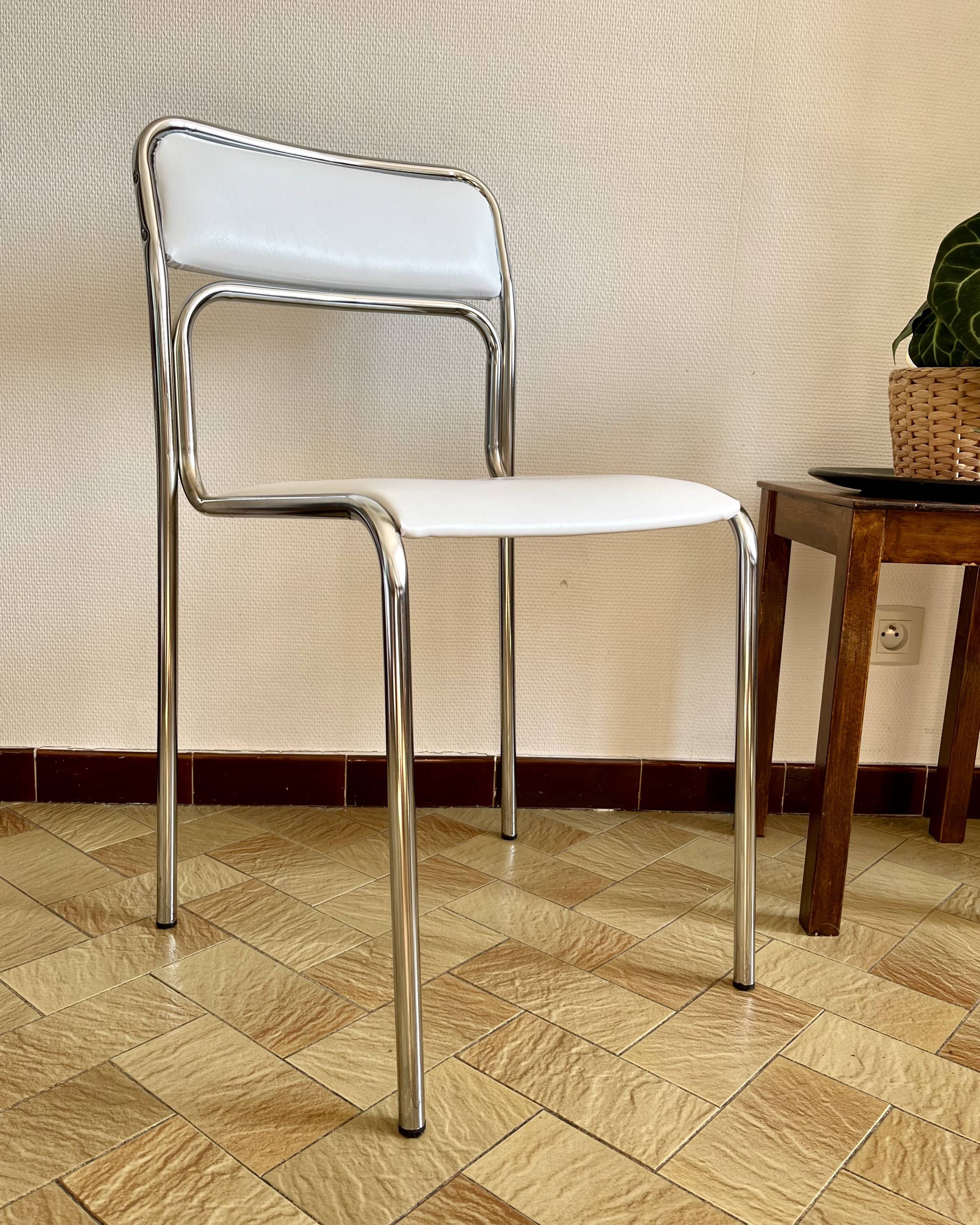 Designer tubular steel and white Skai chair, 1970s