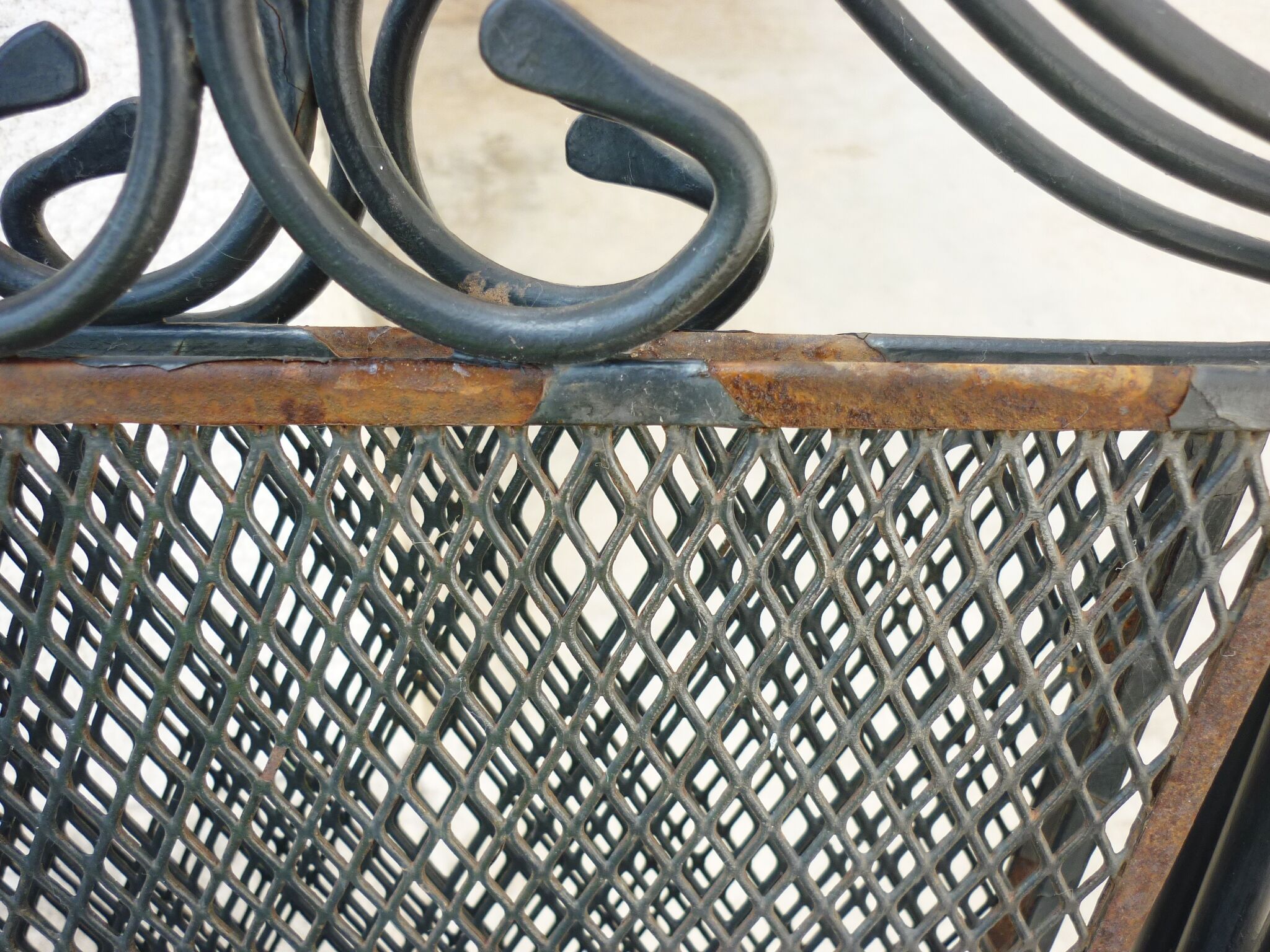Series of 5 armchairs, openwork metal garden chairs, 60s/70s, stackable