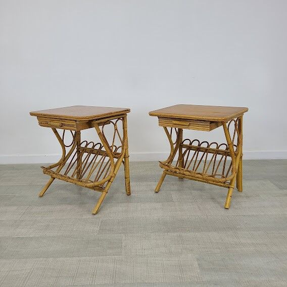 Pair of vintage rattan bedside table in 70s