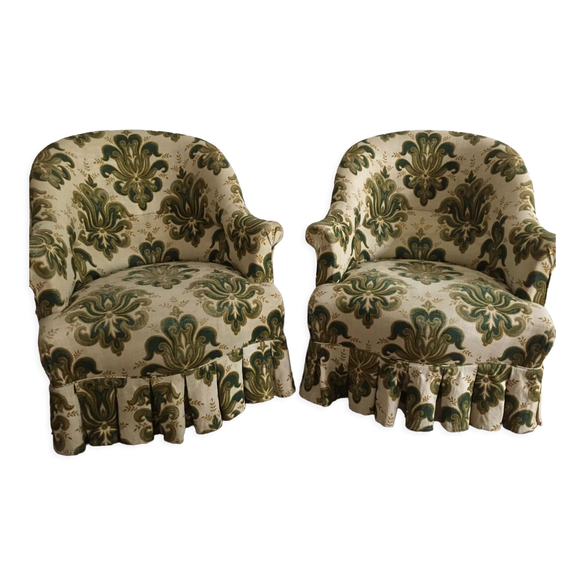 Paire de fauteuils crapaud vert et crème