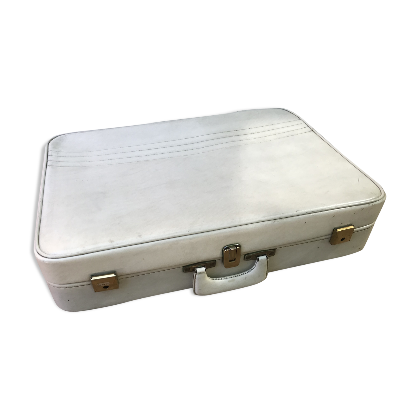 Old white leather case with vintage 70s leather handle