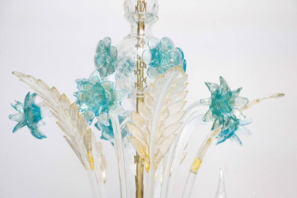 Lustre vénitien en verre de Murano à 6 lumières, blanc et bleu