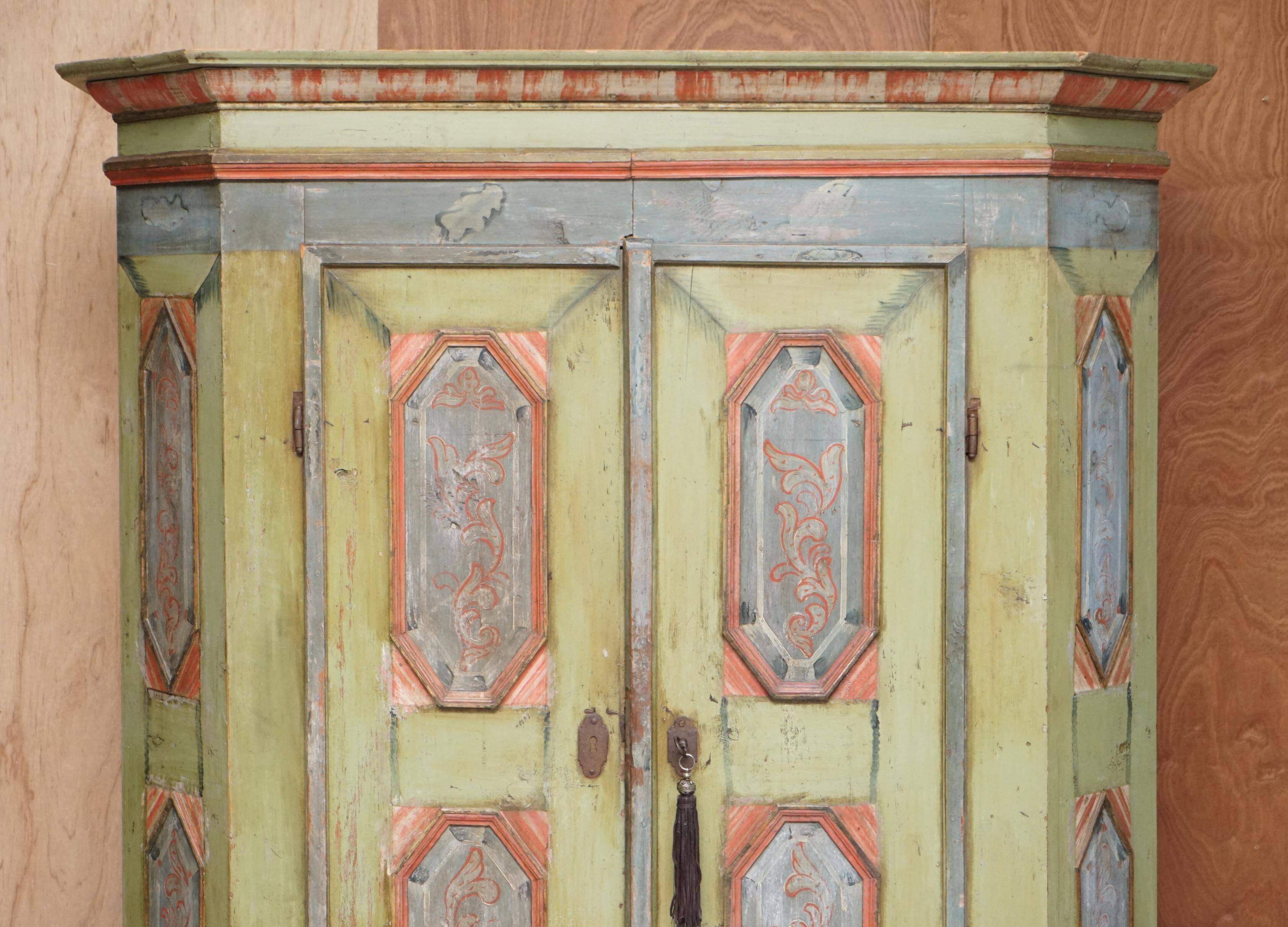 European Hand-Painted Wardrobe in Solid Oak circa 1800