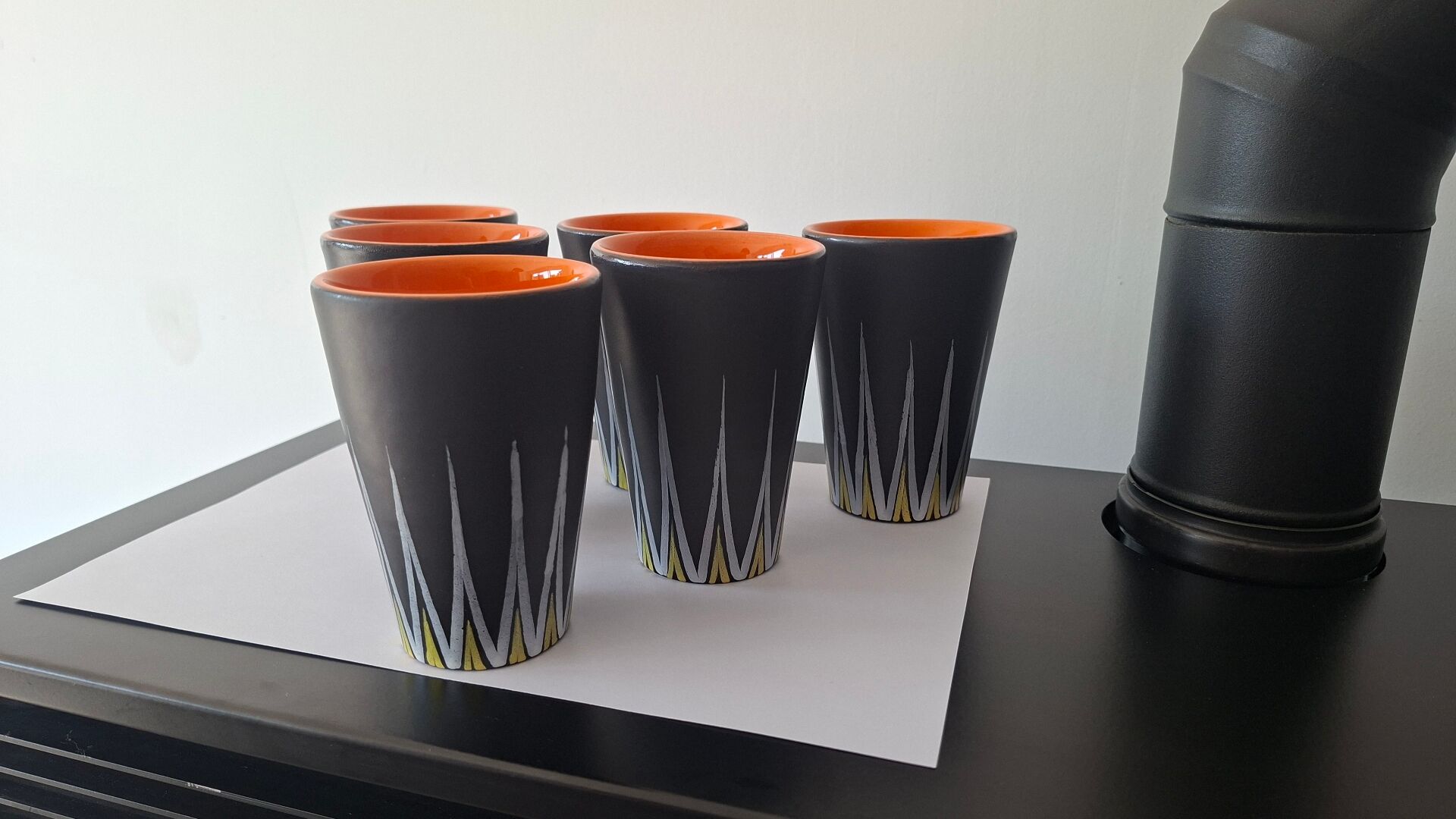 Six Orange and Black Ceramic Vases Vallauris André Baud