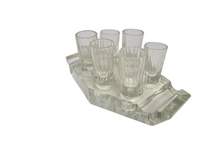Art Deco vodka shot glasses from Hortensja Glassworks, Poland, 1950s, set of 7