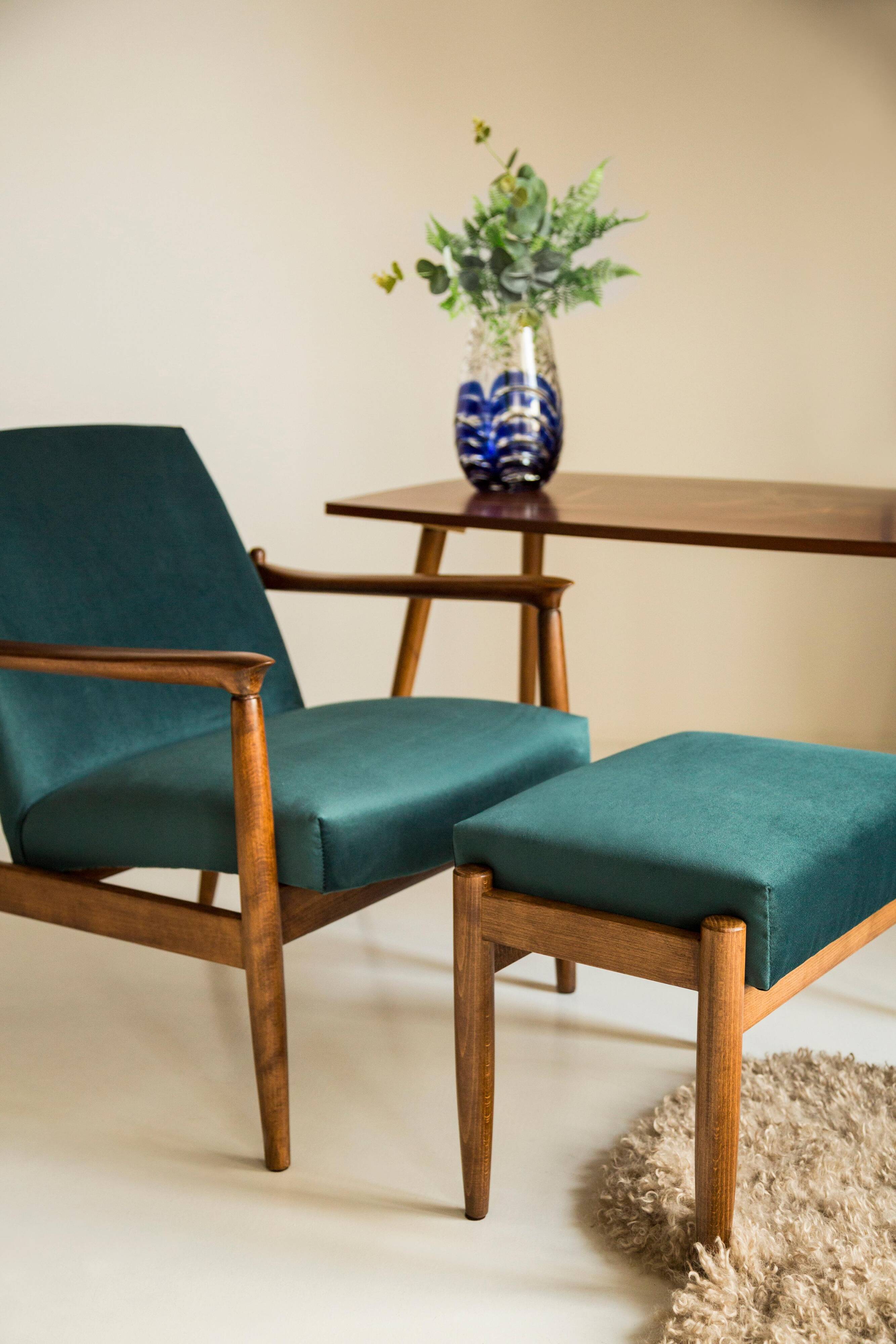 Vintage mid-century petrol blue velvet stool, Edmund Homa, Europe, 1960s.
