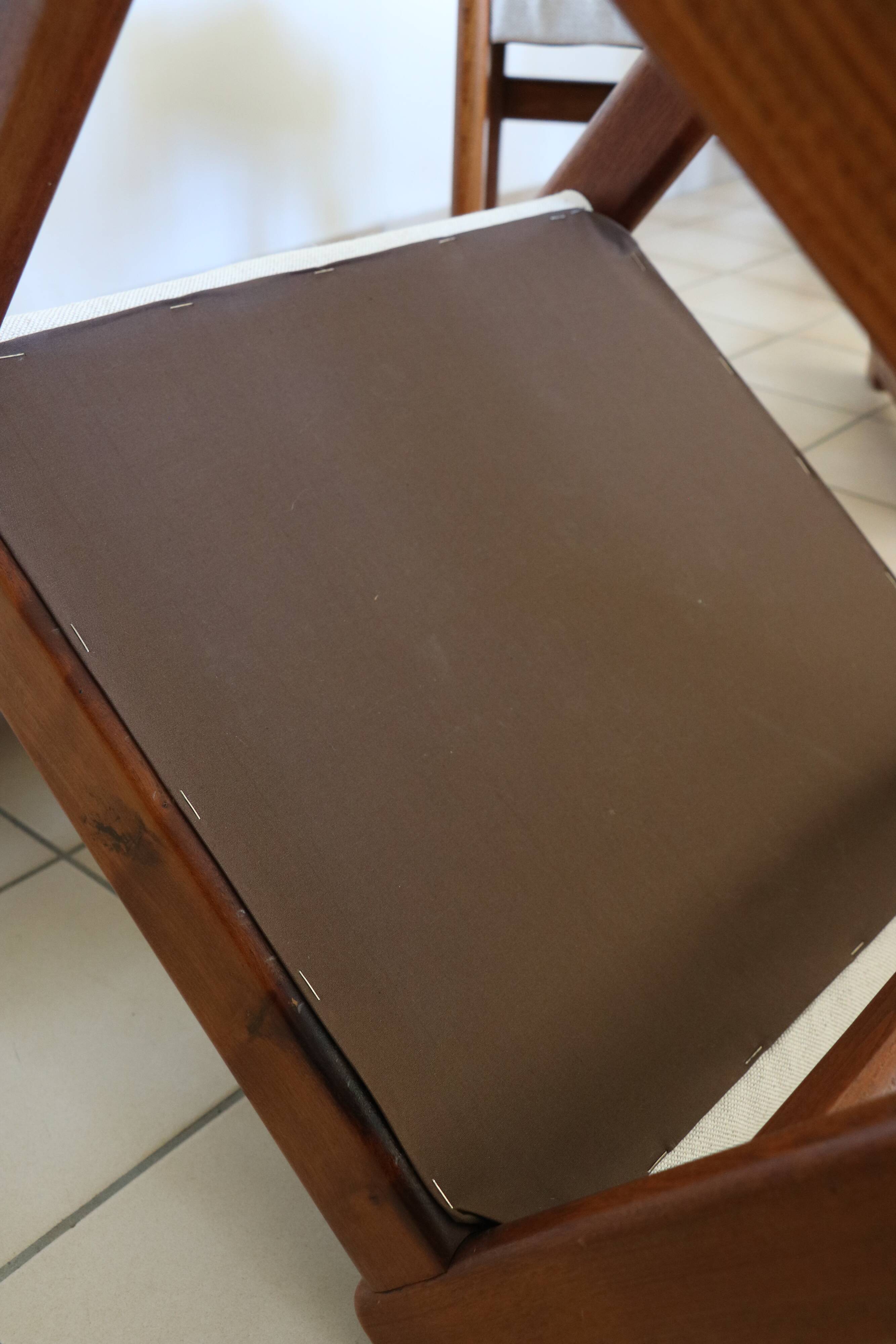 4 vintage brutalist chairs, reupholstered in cotton/linen.