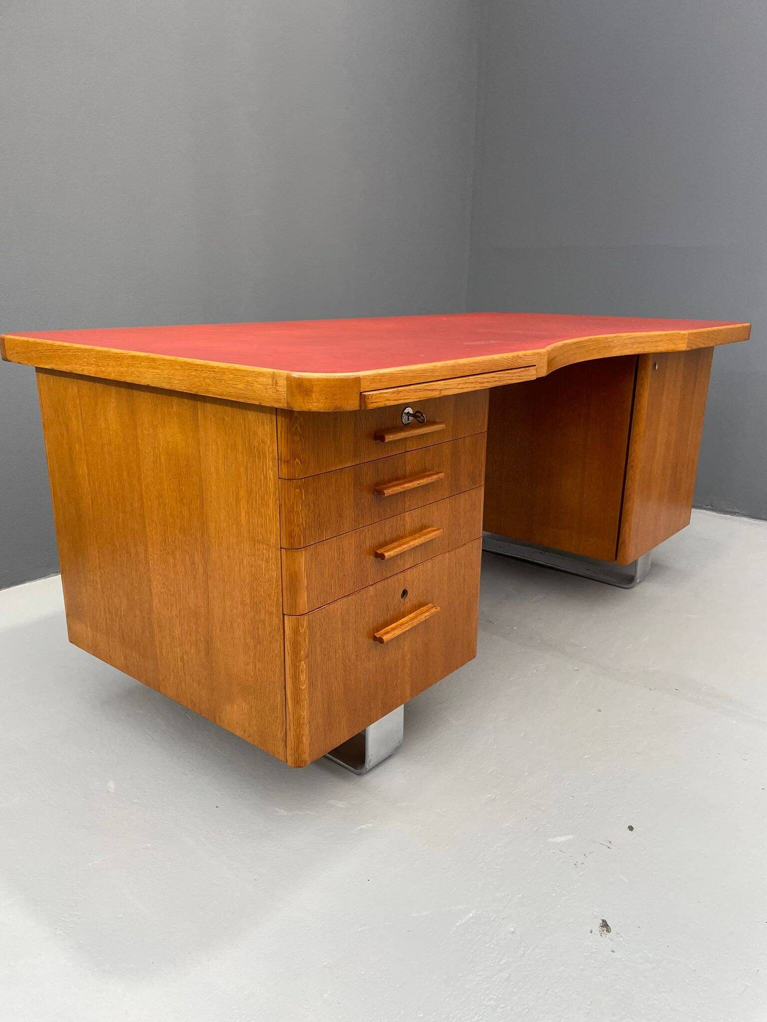 Bauhaus Walnut Writing Desk with Red Top
