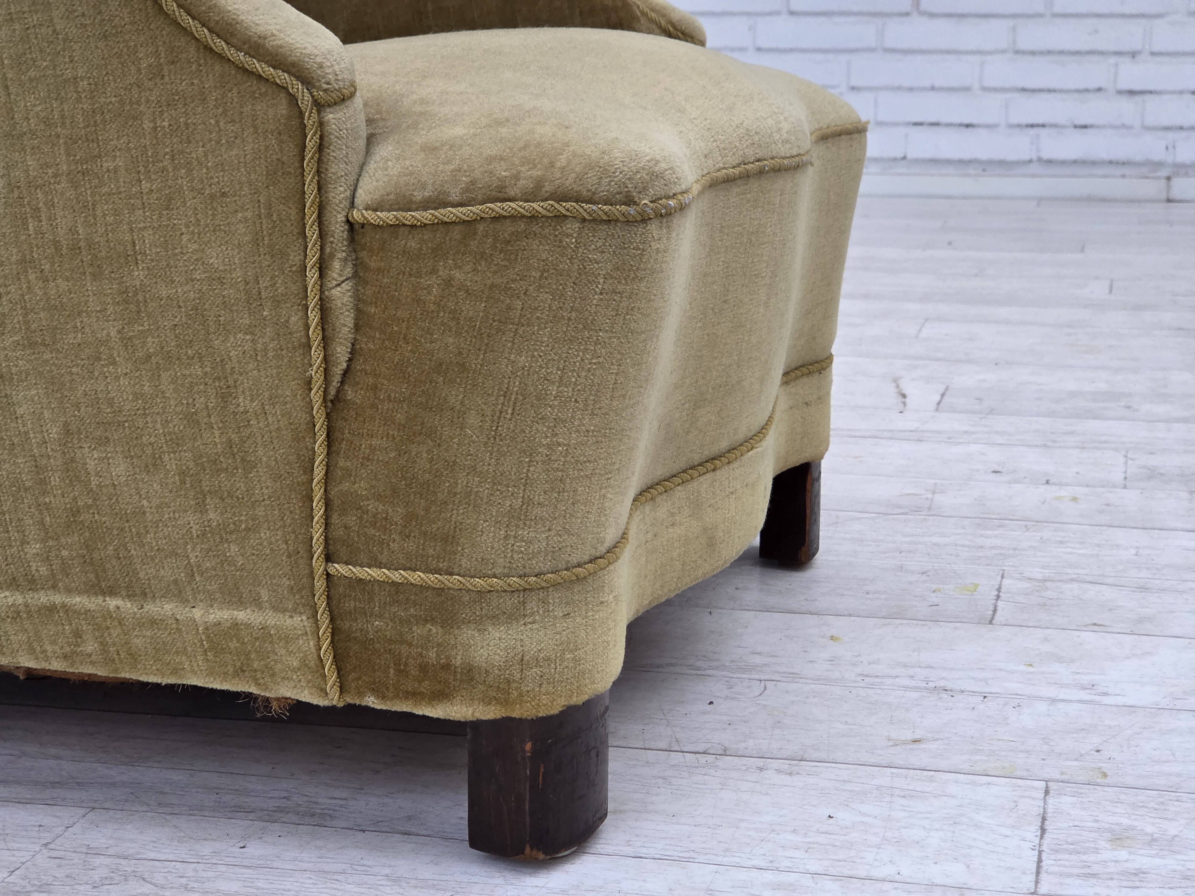 1960s, Danish armchair, green furniture velour, oak wood.