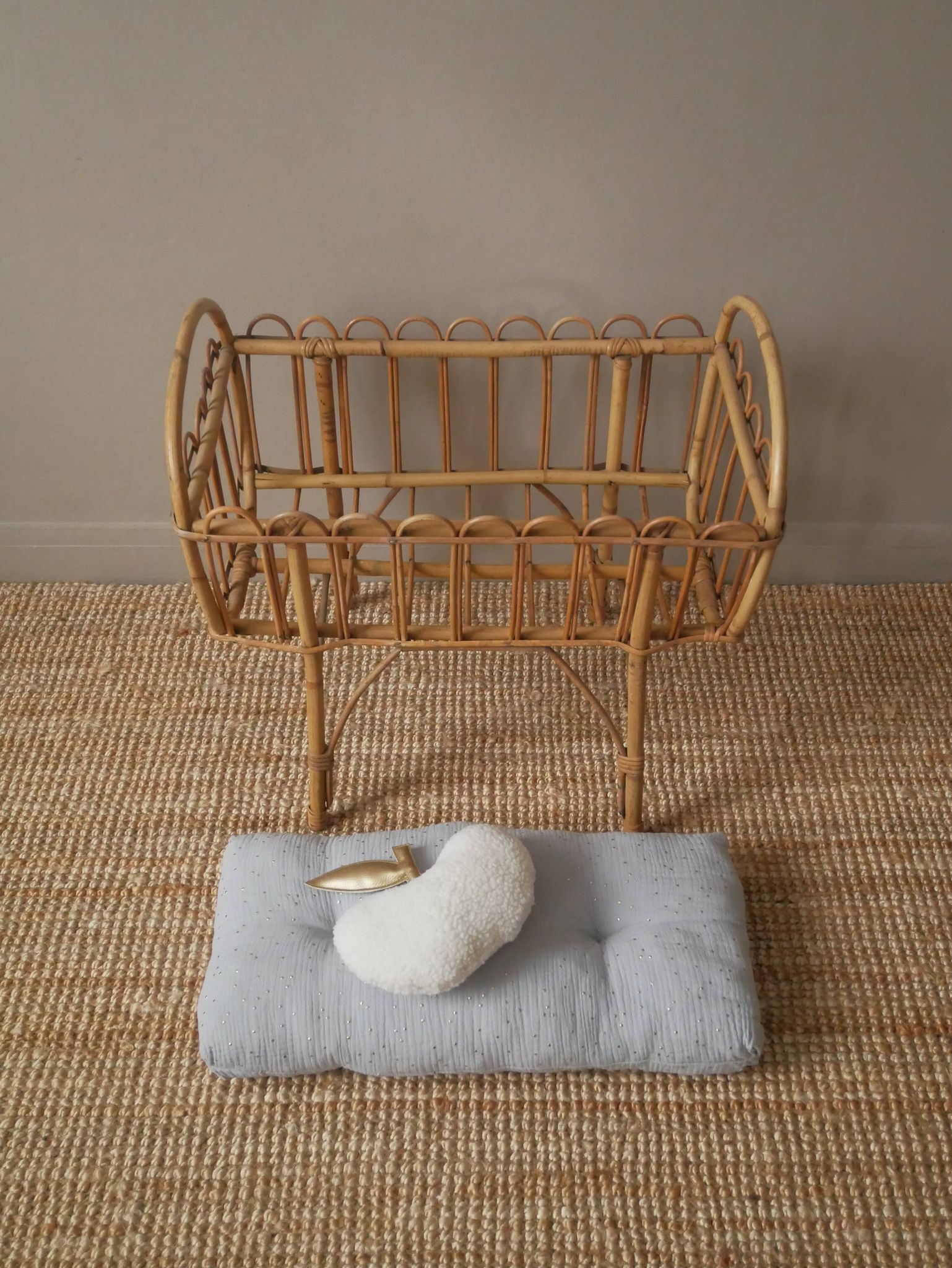 Wicker rattan cradle vintage Scandinavian design retro old toy doll bed