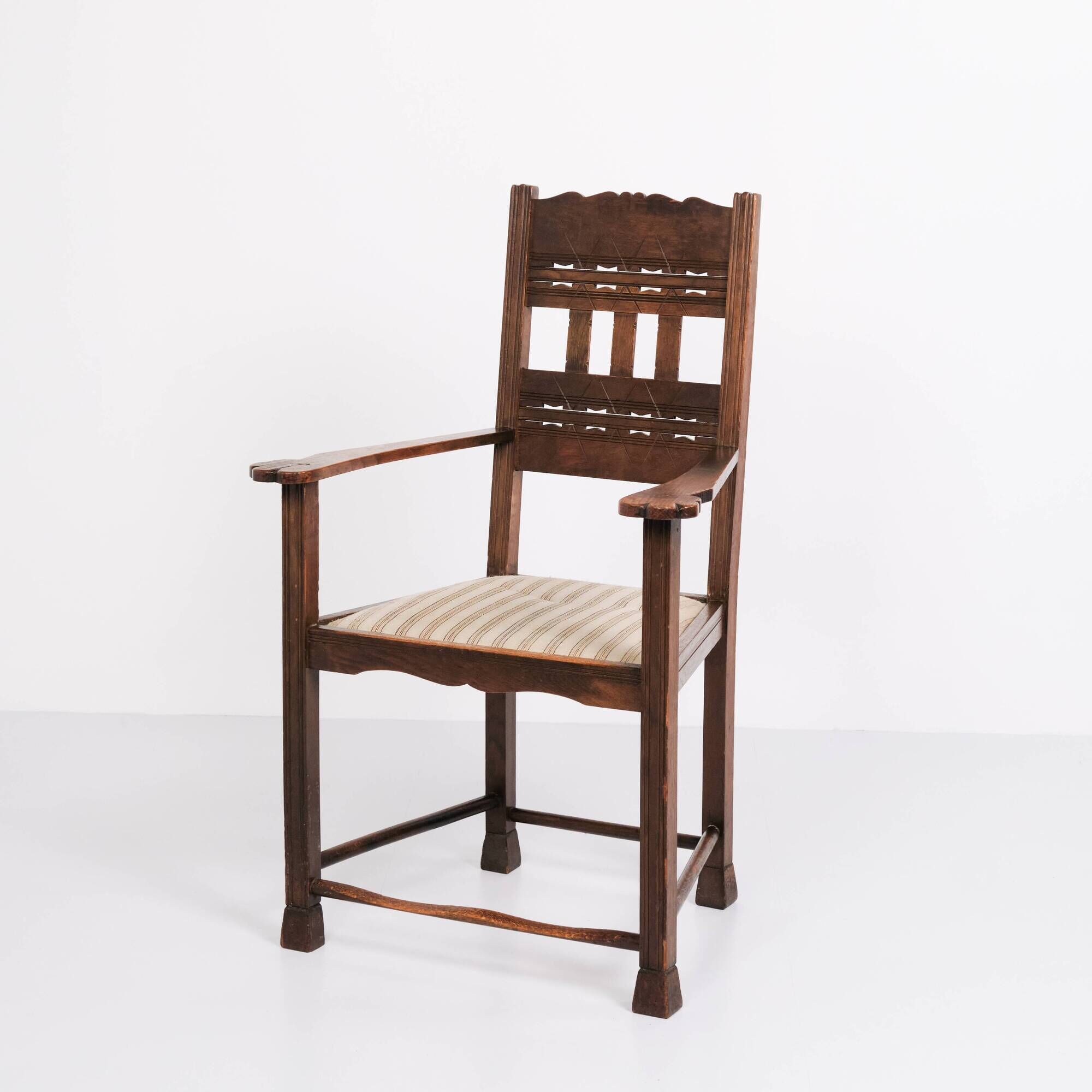 Antique armchair - oak - striped upholstery - 1930s