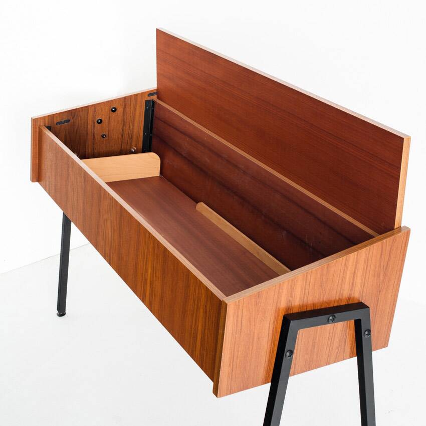 Vintage teak and lacquered iron console table. Scandinavian style. France, 1960s