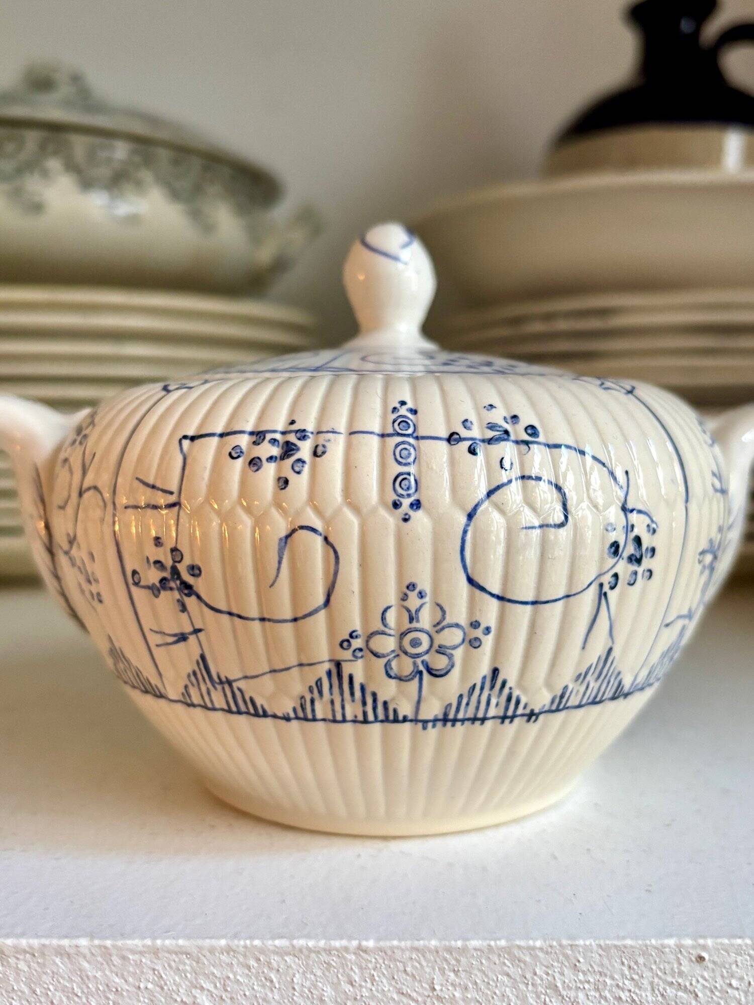 Sugar bowl, Digoin Sarreguemines jar in white and blue earthenware, "Copenhagen" pattern - early 20th century