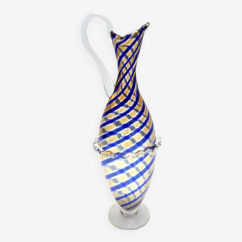 Murano Glass Pitcher Vase style Toso with Blue and Yellow Canes